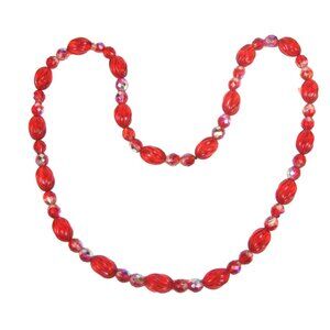Red Plastic and Glass Beaded Necklace 31 in Vintage Strand Aurora Borealis READ